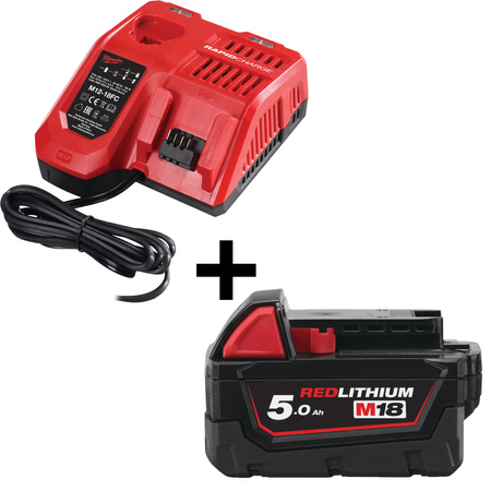 Zestaw zasilający akumulator 5,0 Ah i ładowarka Milwaukee M18B5 4932430483 + M12-18FC 4932451079