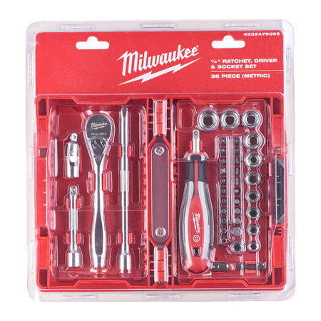 Zestaw narzędzi Milwaukee grzechotka, nasadki i bity 1/4“ 38 szt. 4932479096