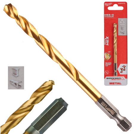 Wiertło do metalu Milwaukee 6,5 mm HSS-G TiN Red HEX 48894715