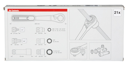 Zestaw komplet nasadek przelotowych klucz z adapterem 1/4" 21 el Makita B-65604