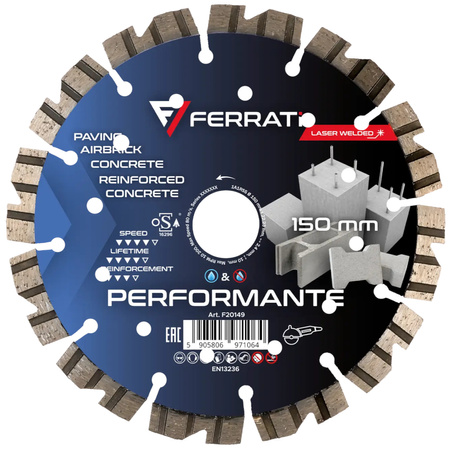 Tarcza do cięcia betonu zbrojonego i bloczków 150 mm Performante Ferrati