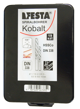 Wiertła kobaltowe do metalu zestaw komplet 1-10 mm 19 el Festa Professional